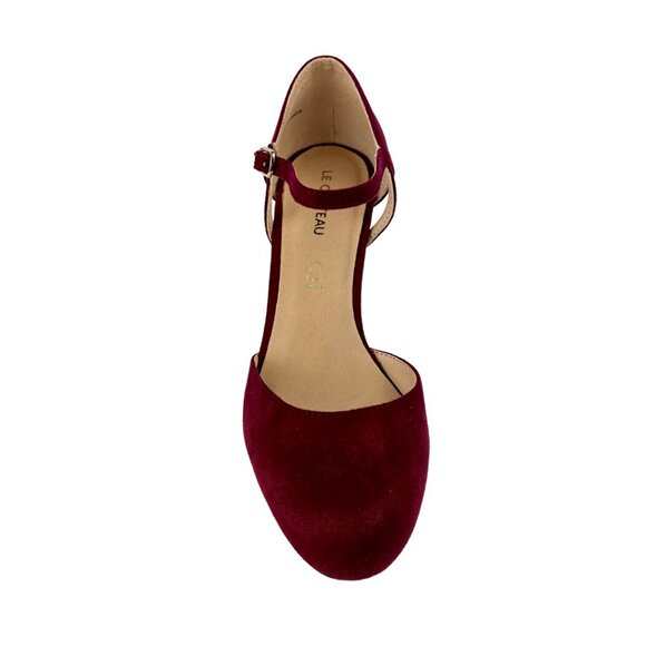Burgundy Velvet Block Heels with Round Toe and Ankle Strap - Picture 3 of 5